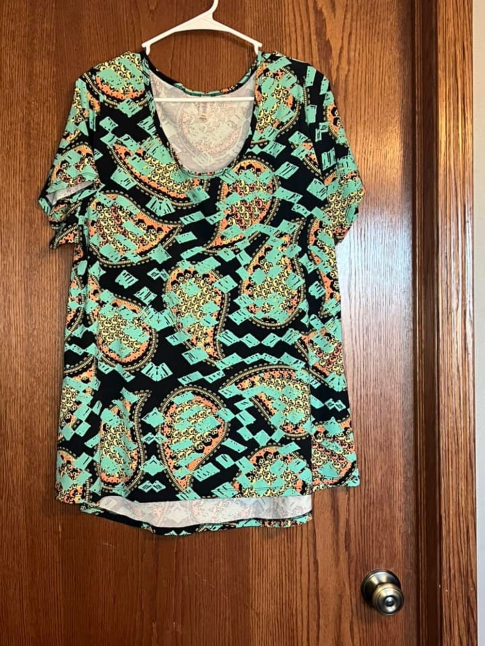 LuLaRoe Black Mint and Orange Short Sleeve V-Neck Top